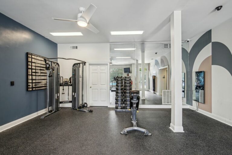 Fitness center weight lifting area.